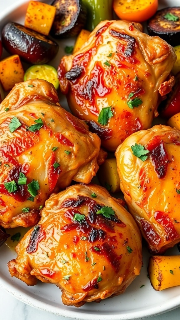 Crispy air fryer chicken thighs on a plate with fresh herbs and roasted vegetables.